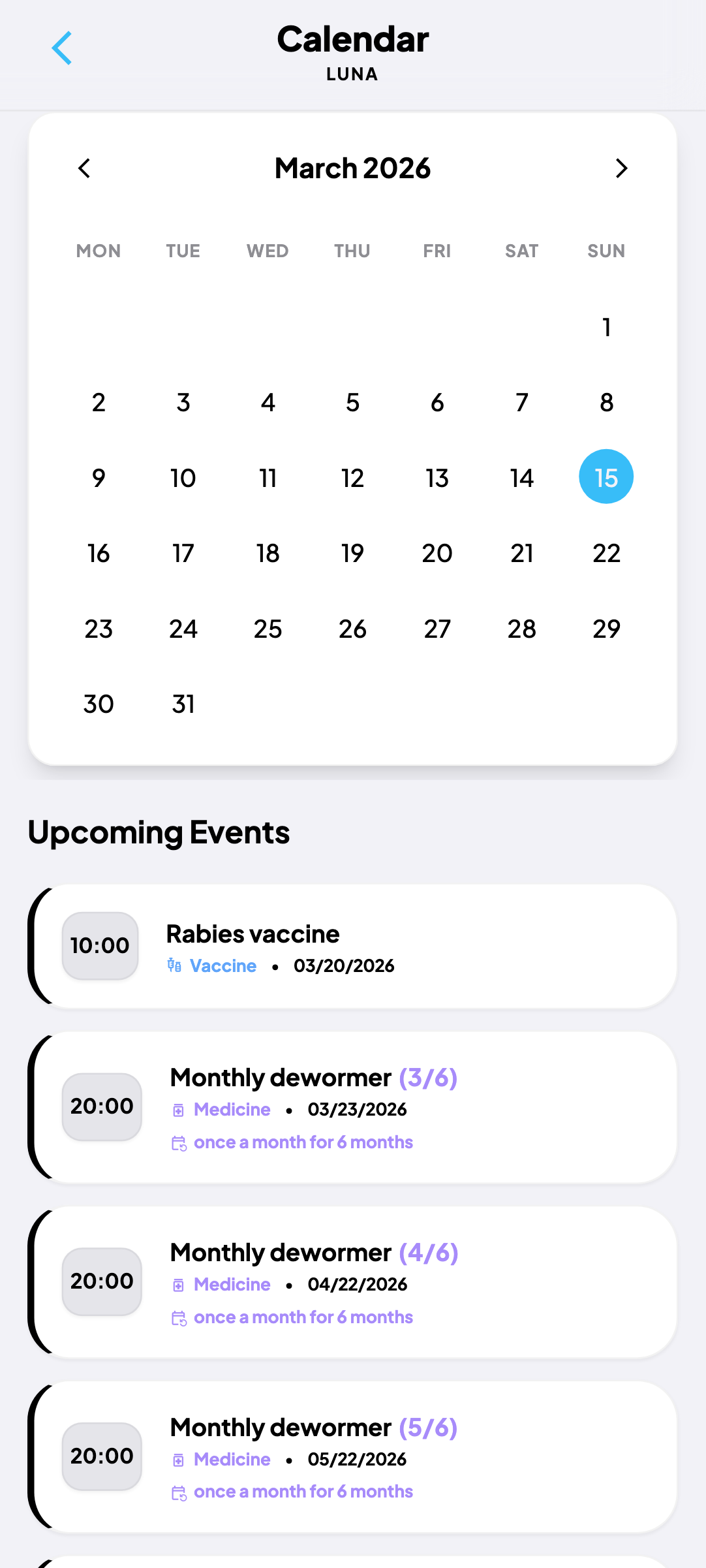 PetDiary - Monthly calendar with health event indicators