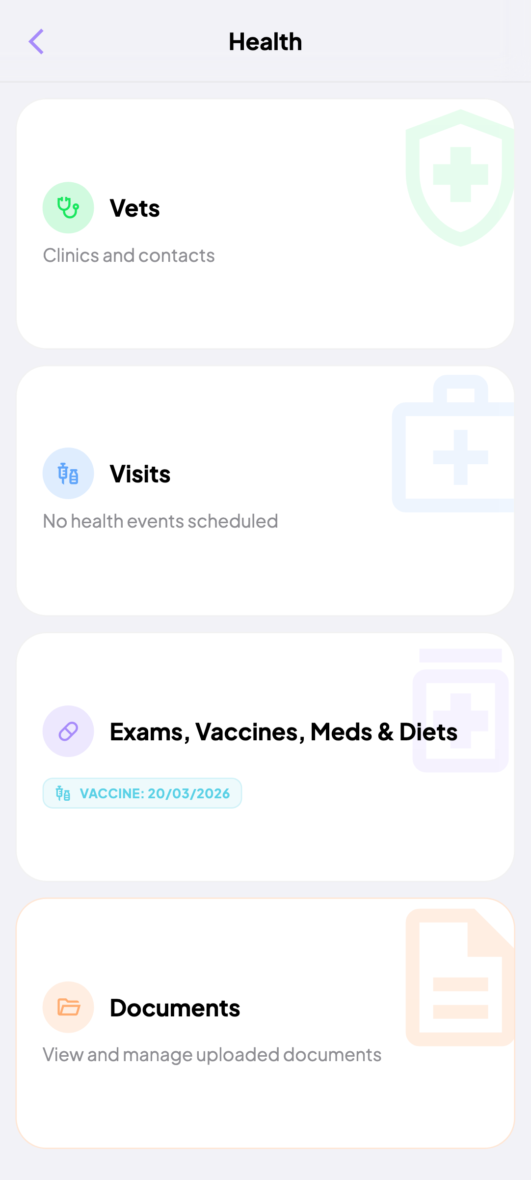 PetDiary - Health hub overview